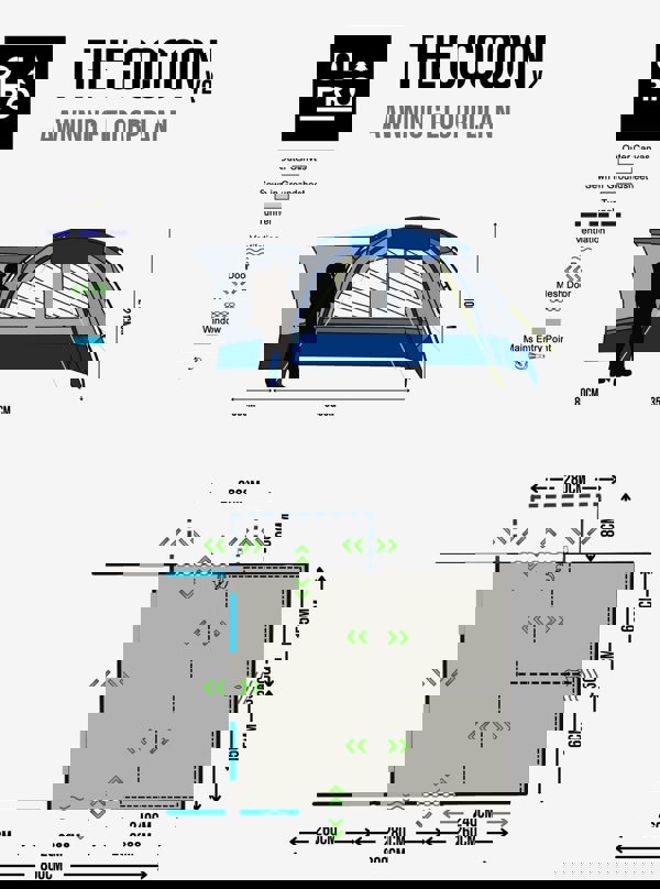 A graphic including the specification & footprint of the Cocoon Poled V2 Campervan Awning by OLPRO