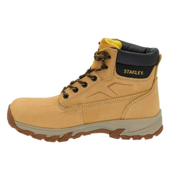 Stanley Tradesman Mens Steel Toe/Midsole Safety Work Boots, tan rugged footwear with black padded collar, durable laces, and reinforced toe for safety.