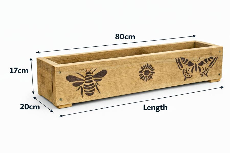 Decorated rough sawn wooden garden trough with labelled external dimensions