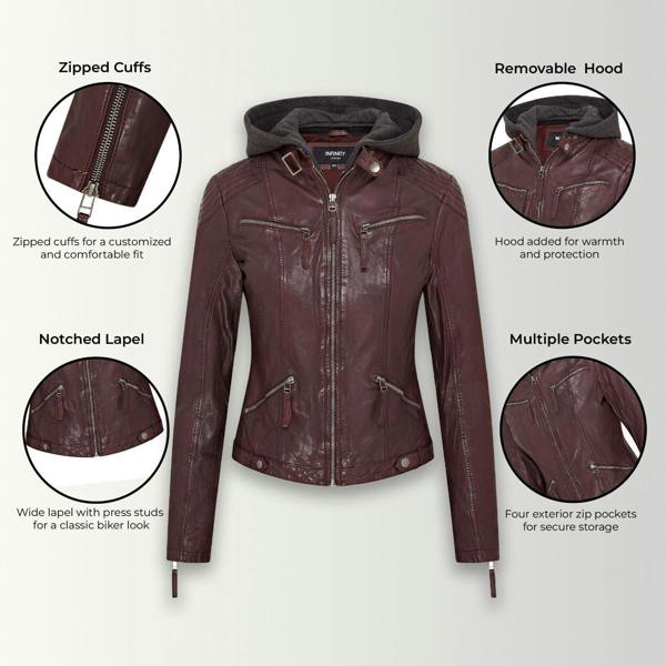 Infinity Leather Womens Hooded Classic Biker Jacket - Brazzaville