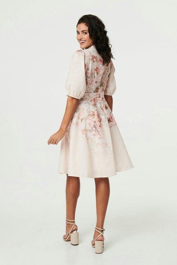 Cream | Floral 3/4 Puff Sleeve Knee Length Dress
