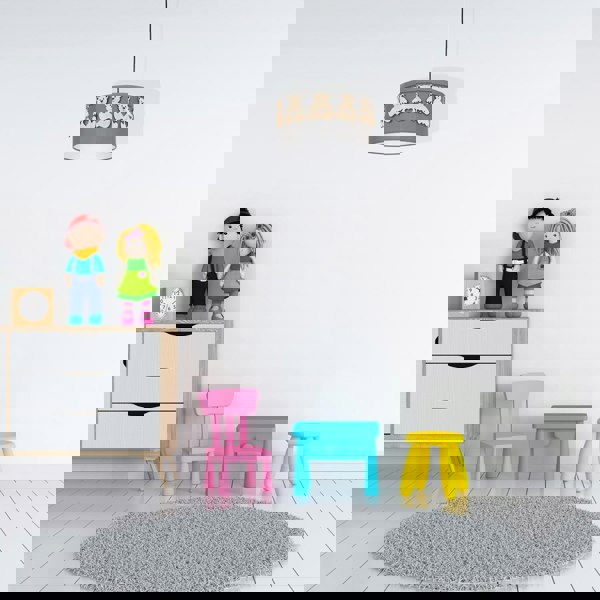 Milagro Mis Grey Pendant Lamp 1XE27 Beautifully Hand Made From Contemporary Grey Fabric With Natural Wooden Teddybears