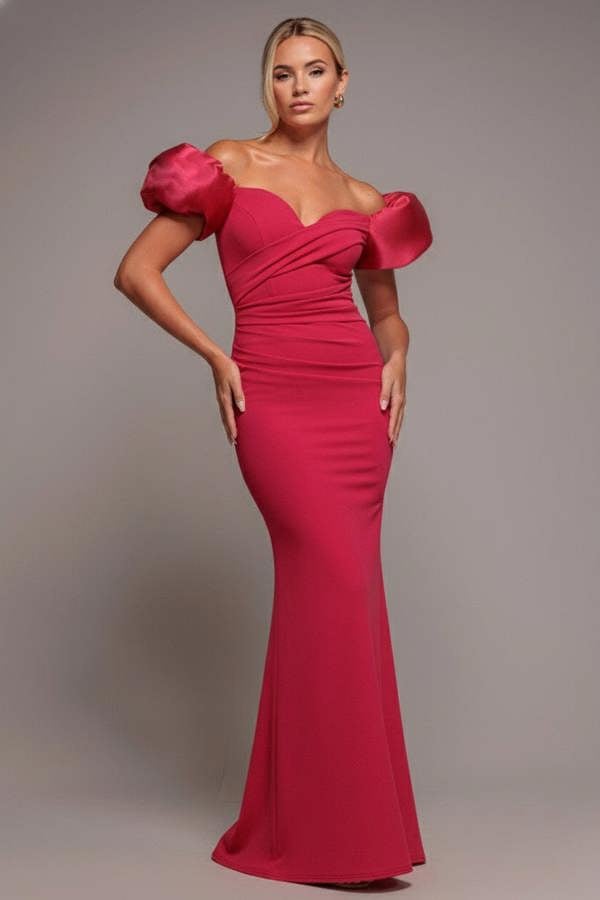 Puffy Satin  Sleeve Scuba Maxi Dress - Magenta DR4622