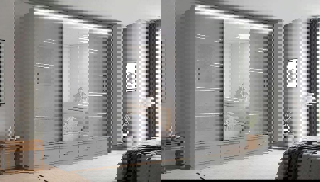 RAC3 Race to Road Stylish Bedroom Sliding Wardrobe with LED Light - Ample Storage Space and Sleek Design comes in White/Grey/Black & Width 205cm/256cm