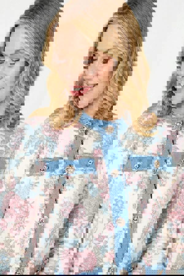 White | Floral Denim Trim Button Detail Jacket