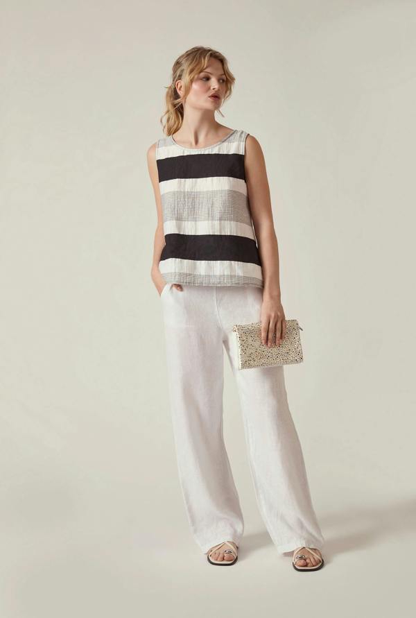 James Lakeland Striped Linen Blend Sleeveless Button-Back Top