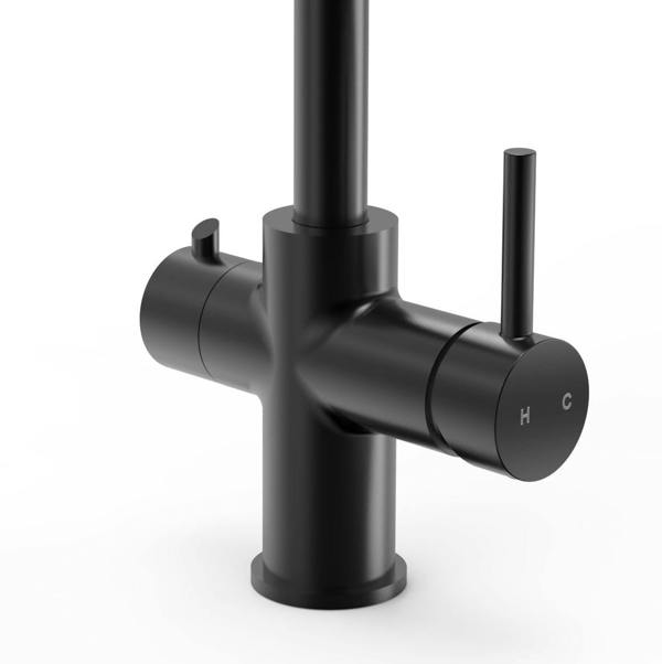 Matt black boiling water tap close up on a white background