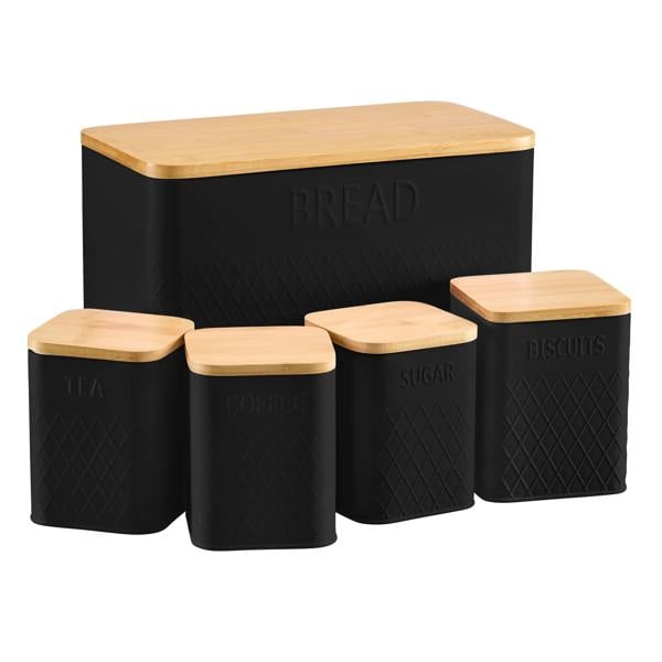 Cooks Professional 5 Piece Embossed Kitchen Storage Set with Bamboo Lids | Black