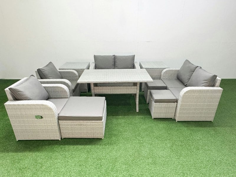 Fimous 9 Seater Outdoor Reclining Chair Love Sofa Set Rattan Garden Furniture Set with Rectangular Dining Table 3 Stools 2 Side Table Light Grey