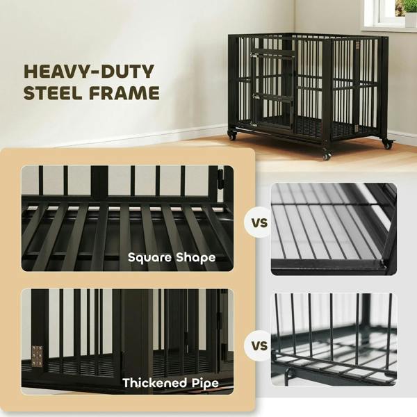 Black heavy-duty steel frame dog crate, slatted base and folding metal side panels