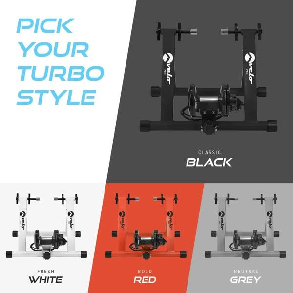 Velo Pro Black Magnetic Turbo Trainer displayed in a sleek black finish, showcasing its sturdy frame and adjustable resistance features