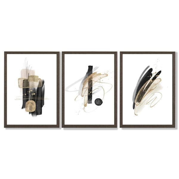 Set of 3 Abstract Black and Gold Fiesta Framed Art Prints with Dark Wood Frames