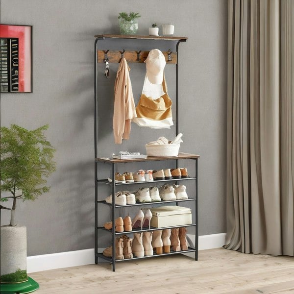 Rafaelo Mobilia Industrial Rustic Hallway Tree Coat Stand With 5 Tier Shoe Rack