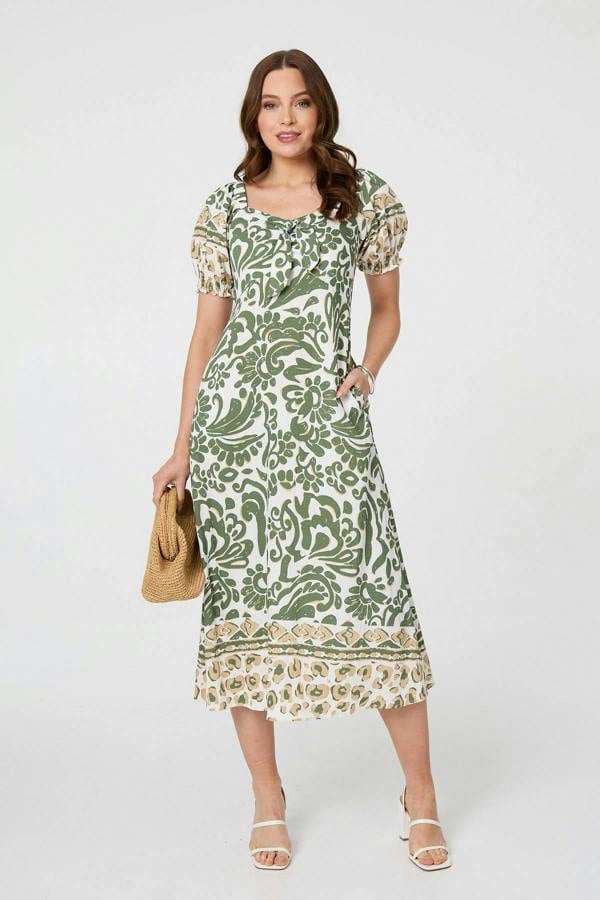 Khaki | Printed Tie Front Puff Sleeve Midi Dress