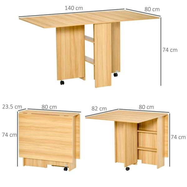 Teak folding rectangular table with drop-leaf sides and storage shelves, on casters