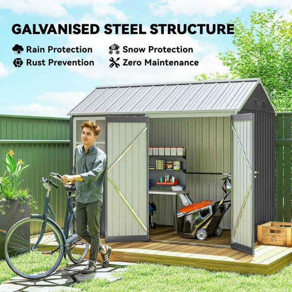 Grey metal garden shed with open double doors and interior shelving.