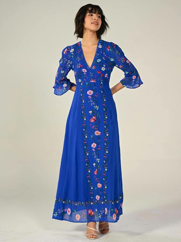 Rose & Nancy Tory Blue Botanical Floral Border Print Maxi Dress