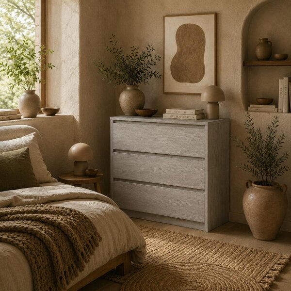 Wyld Haus Serene Wooden Grey Wood Effect 3 Drawer Storage Chest