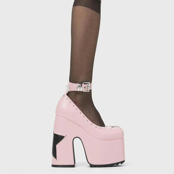 Lamoda Star Shine Pink PU Black Platform Heels Chic Durable Elegant Style