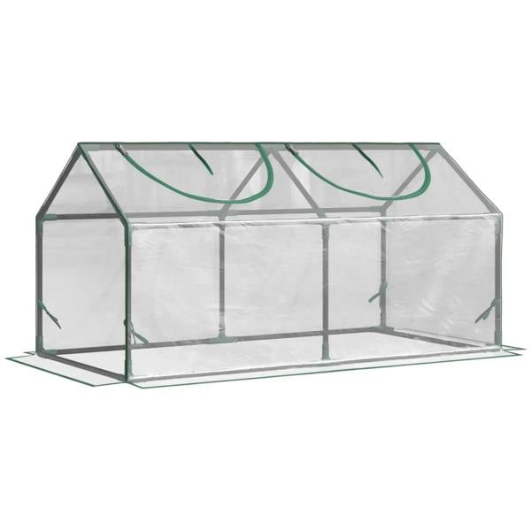 Portable mini greenhouse with clear PVC cover and green metal frame