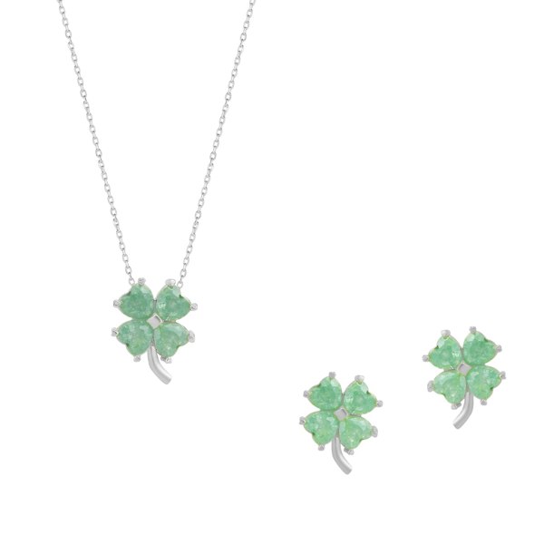 Spero London Four Leaves Clover Sterling Silver Earrings and Necklace Set in Green