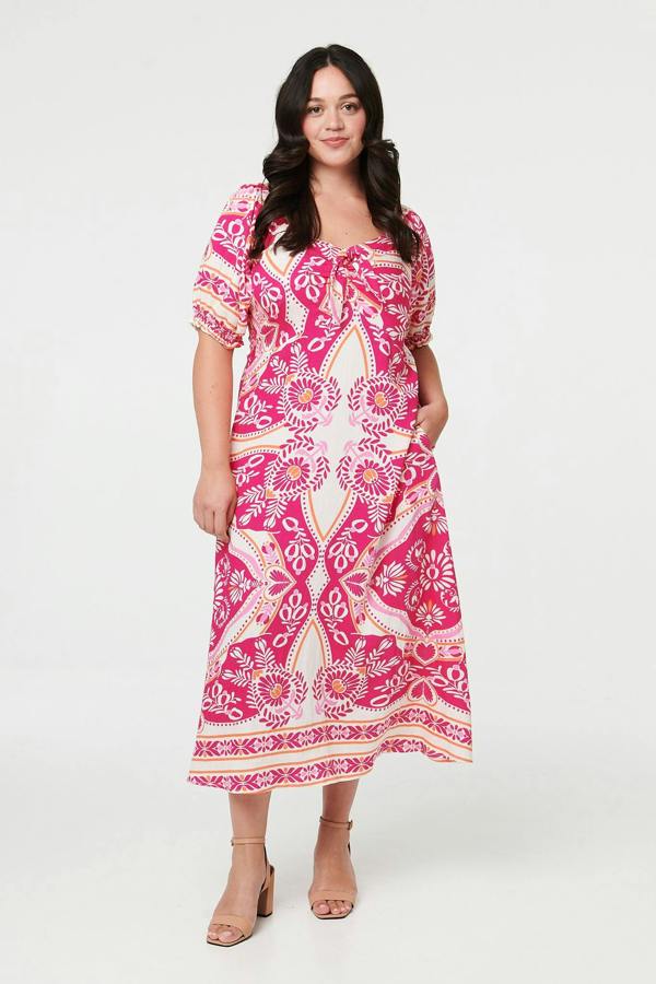 Pink | Curve Tie Front A-Line Midi Dress
