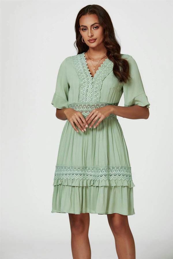 FS Collection V Neck Lace Mini Dress In Green