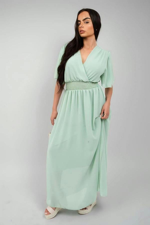 Elsie Smocked Waist V Neck Short Sleeve Flowy Maxi Dress - Mint