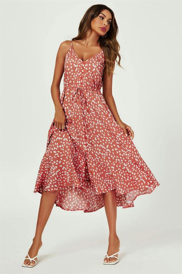 FS Collection Button Down High Low Strappy Dress In Dusty Red
