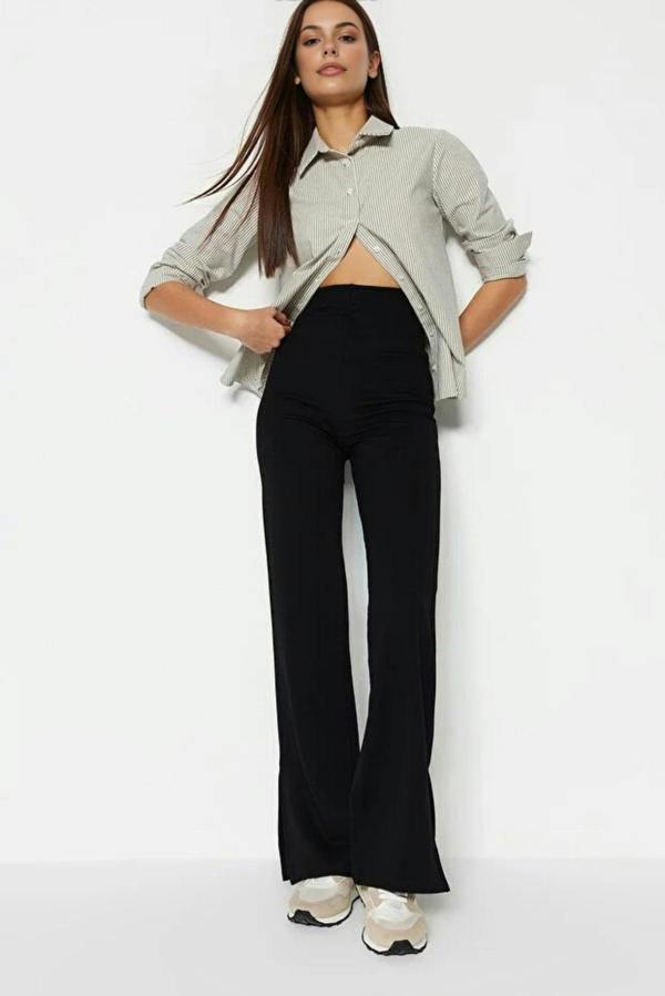 WOVCOR High Waist Flare Knit Trousers with Side Slits