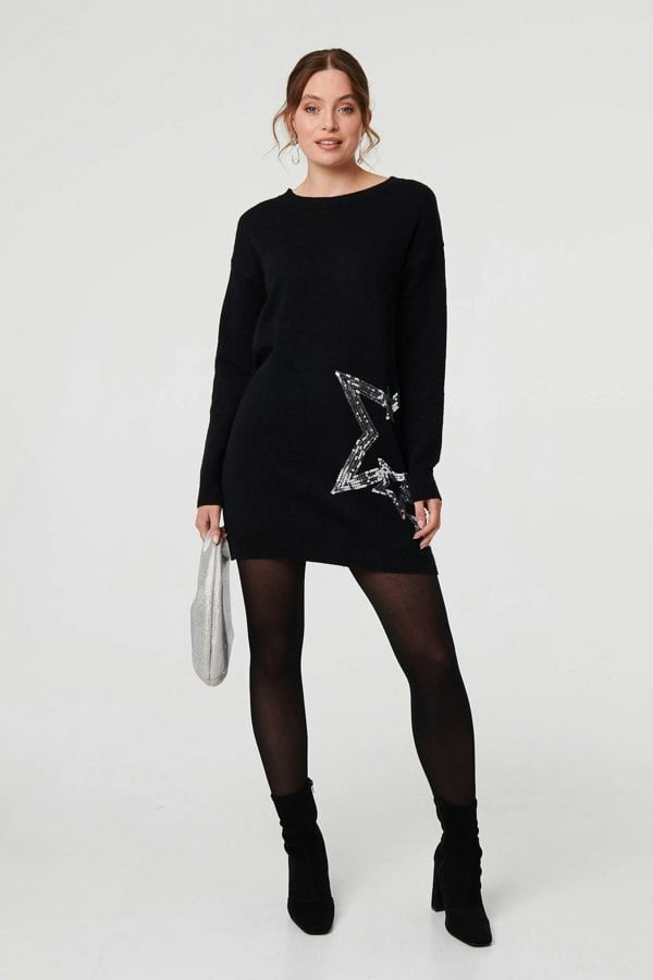 Black | Sequin Star Long Sleeve Knit Short Dress
