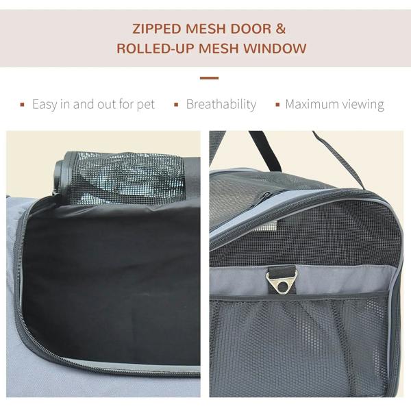 Grey pet carrier with zipped mesh door and rolled-up mesh window for airflow