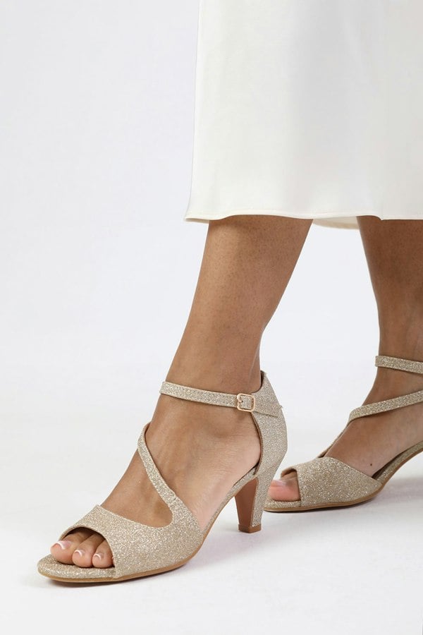 Where's That From Kailani Low Kitten Heel With Crossover Strap in Champagne Glitter