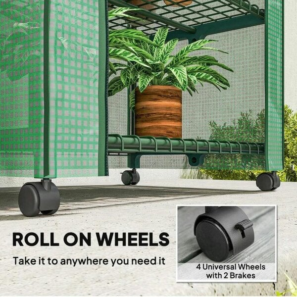 Bobobiy 4 Tier Mini Portable Greenhouse Compact Plant Grow Shed Metal Frame PE Cover with Lockable Rolling Wheels , Green