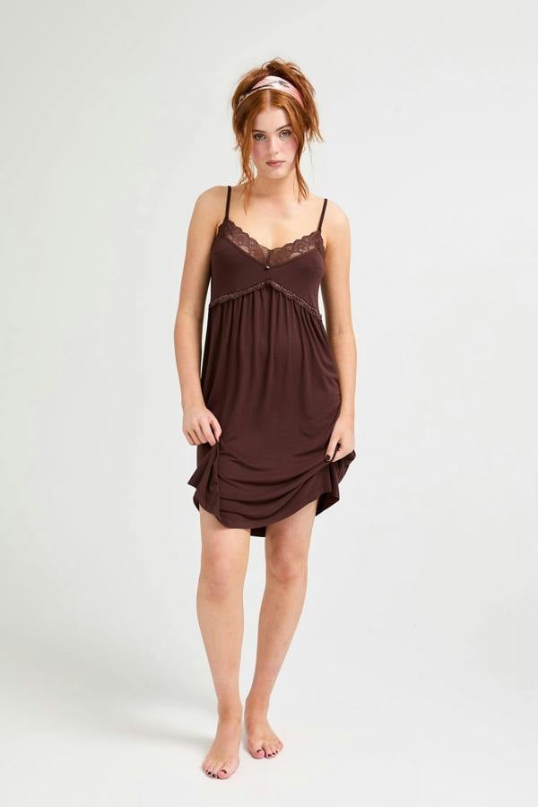 Bamboo Lace Chemise Nightdress in Chocolate - Nightgowns