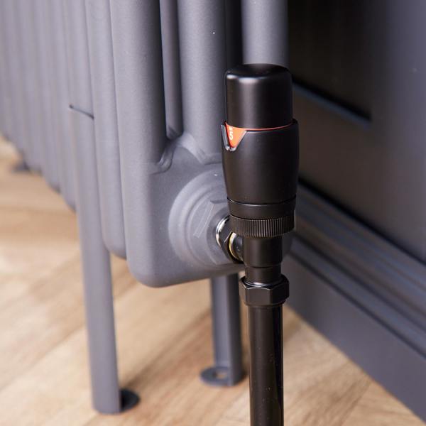 Flode Angled Round Thermostatic TRV & Lockshield | 15mm x 1/2″ | Satin Black