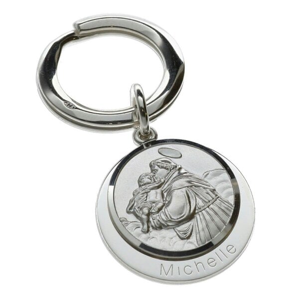 Christopher James of London Sterling Silver Personalised Round St Anthony Keyring With St Anthony Prayer