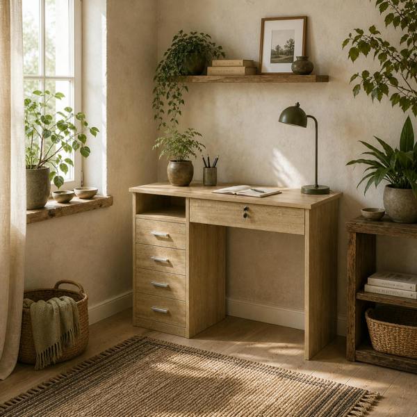 Wyld Haus Yodino 110cm Oak Finish Home Office Desk With 5 Drawers And Side Shelving