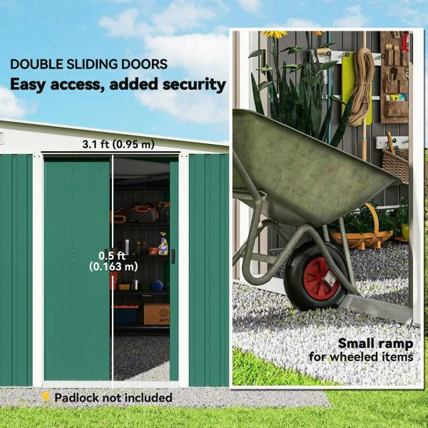 Green metal storage shed with double sliding doors and access ramp for wheeled items