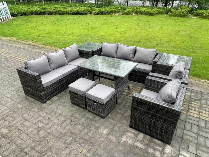 Fimous Wicker Rattan Outdoor Furniture Lounge Sofa Garden Dining Set with Dining Table 2 Side Tables 2 Stools 2 Armchairs 10 Seater Dark Grey Mixed