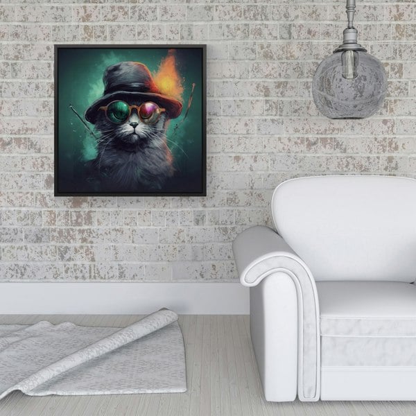 Warren Reed Fiery Cat In A Hat Framed Canvas