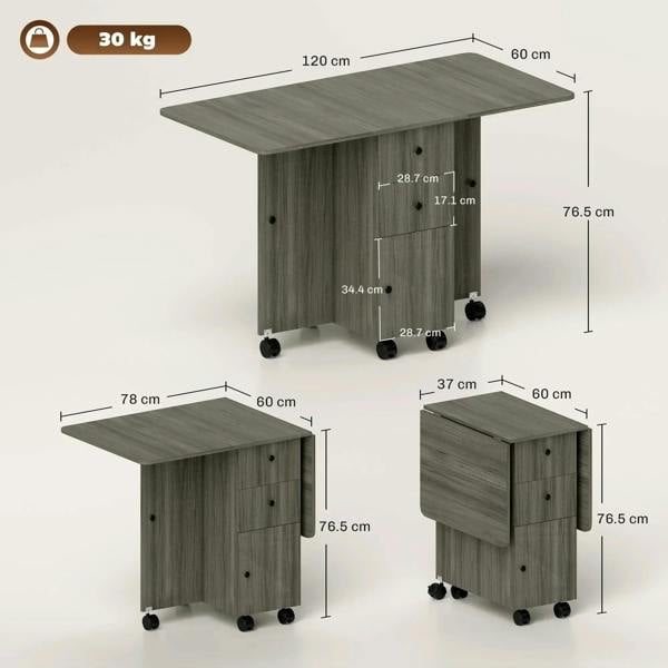 Grey drop-leaf dining table dimensions view with storage panels and casters