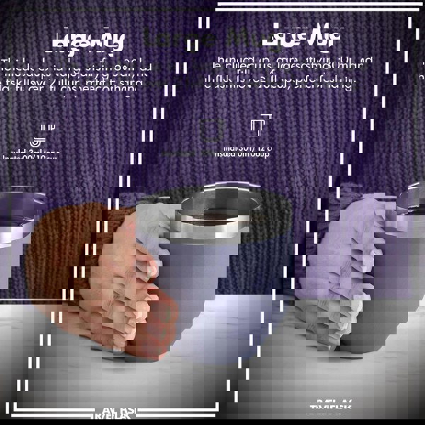 A hand holds an insulated blue mug filled with liquid on a marble surface. Text reads "Large Mug The included cup is a large, satisfying 300ml, and the flask fills over 2 full cups, perfect for sharing. Insulated 300ml/10oz cup TRAVEL FLASK" against a purple knitted sweater backdrop.