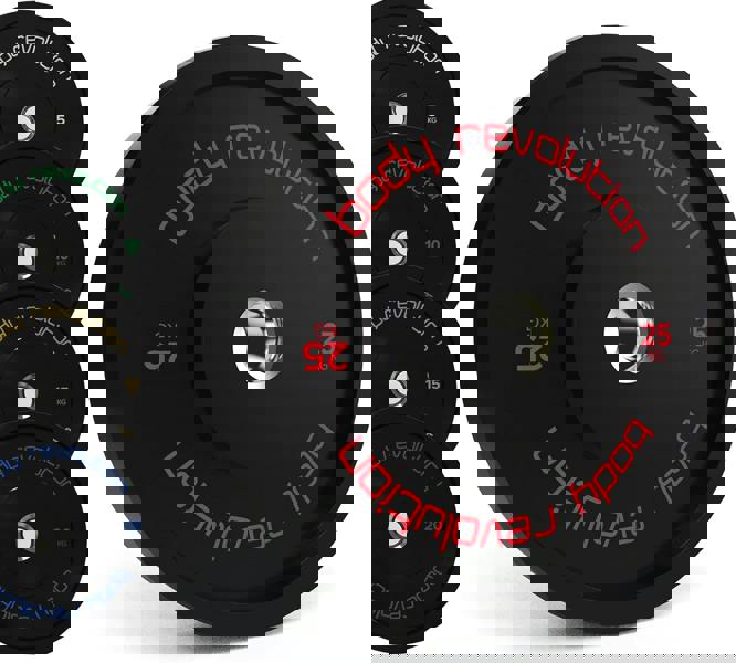 Black Olympic bumper plates, 25kg each, featuring a durable rubber finish and bold red lettering for easy identification