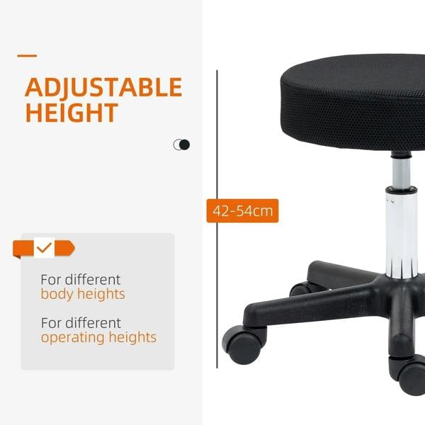 Black hydraulic swivel stool showing adjustable height range 42–54 cm