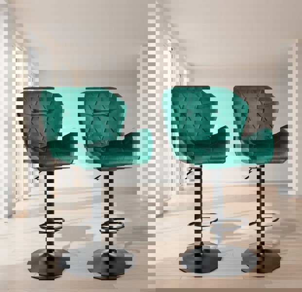 Modcraft Set of 2 Green Velvet Bar Stools Adjustable Swivel Breakfast Chairs with Footrest & Metal Base