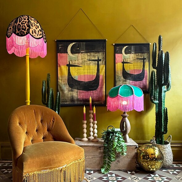 Love Frankie Pixie - Vintage Fringed Dome Lampshade in Leopardess with Pink Fringe