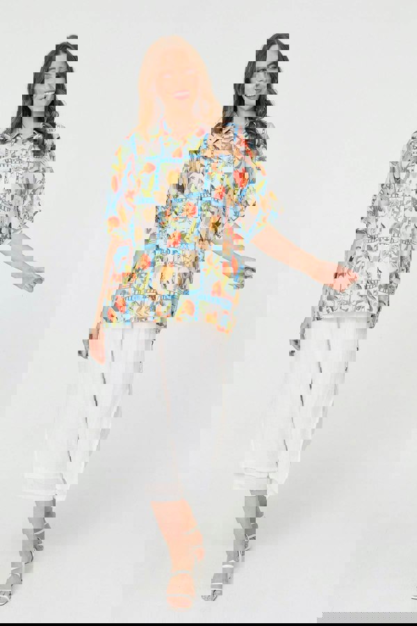 Blue | Patchwork Relaxed 1/2 Sleeve Shirt
