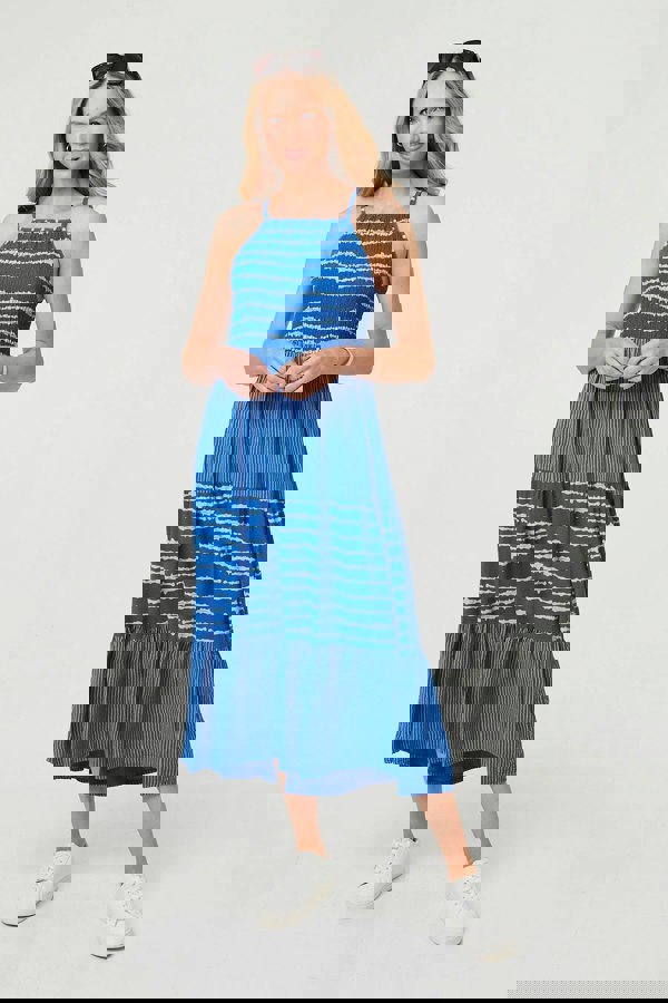 Blue | Striped Ruched Texture Tiered Midi Dress
