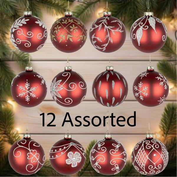 8cm Glass Christmas Baubles, 12 Pack, Red Festive Hanging Decorations with Mixed Designs image 3